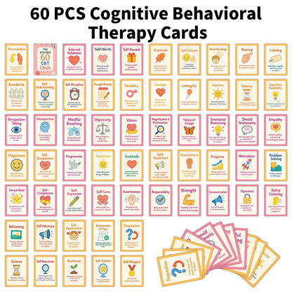60pcs Cognitive Behavioral Therapy Cards,Cartoon Illustration,Mindfulness Practice,Emotion Regulation Tool For Therapists,Coache
