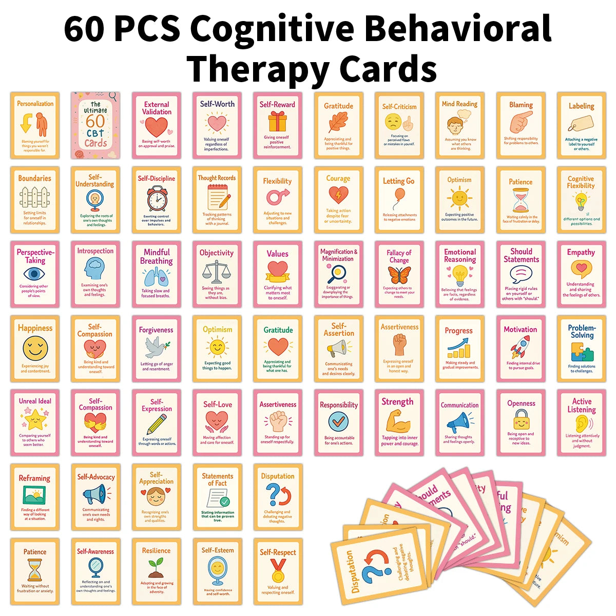 60pcs Cognitive Behavioral Therapy Cards,Cartoon Illustration,Mindfulness Practice,Emotion Regulation Tool For Therapists,Coache