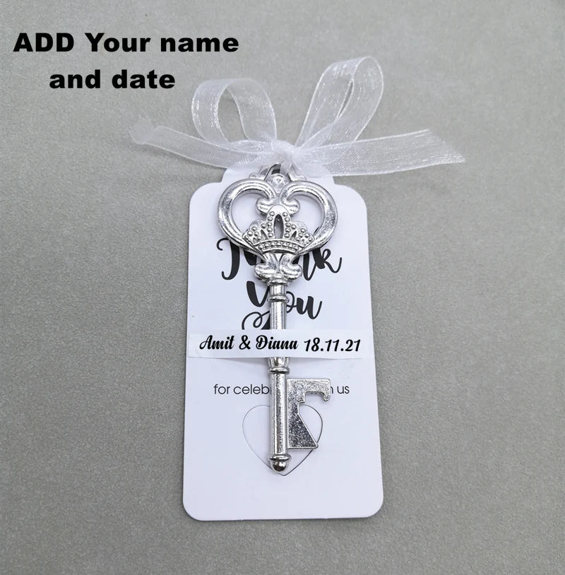 Wedding Gifts For Guests Souvenirs Party Gifts Copper Color Skeleton Key Beer Bottle Opener with Personalized Name Sticker Card