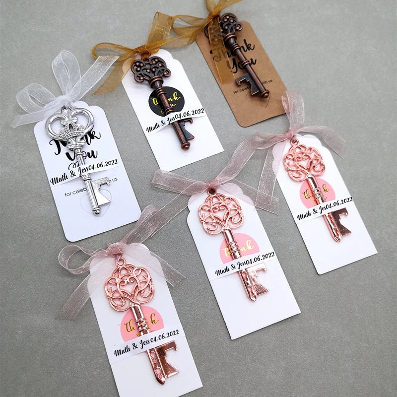 Wedding Gifts For Guests Souvenirs Party Gifts Copper Color Skeleton Key Beer Bottle Opener with Personalized Name Sticker Card