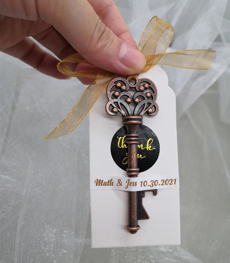 Wedding Gifts For Guests Souvenirs Party Gifts Copper Color Skeleton Key Beer Bottle Opener with Personalized Name Sticker Card