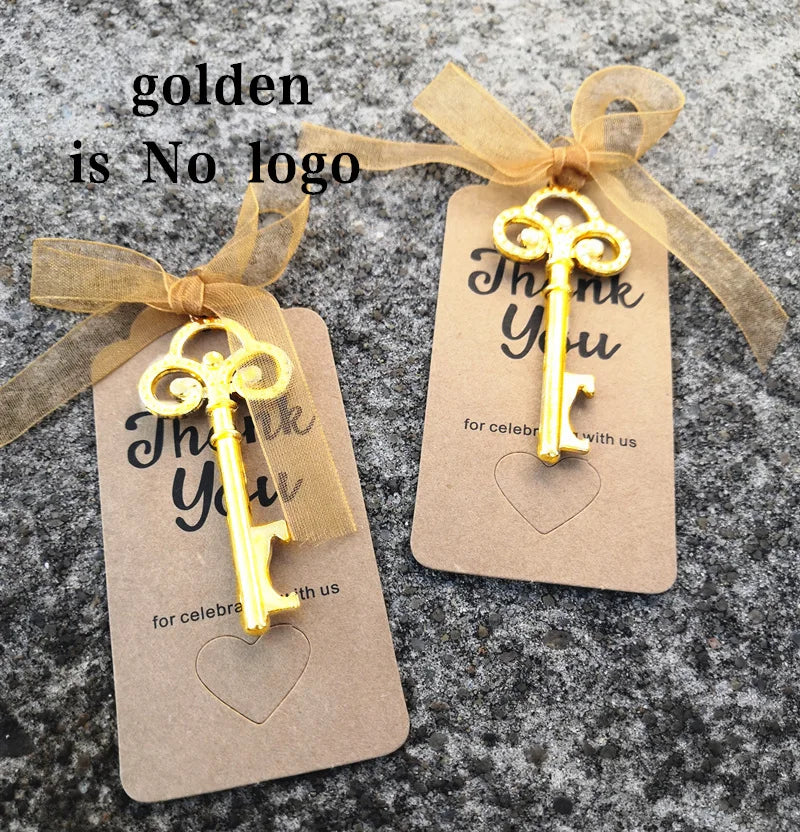 Wedding Gifts For Guests Souvenirs Party Gifts Copper Color Skeleton Key Beer Bottle Opener with Personalized Name Sticker Card