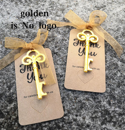 Wedding Gifts For Guests Souvenirs Party Gifts Copper Color Skeleton Key Beer Bottle Opener with Personalized Name Sticker Card