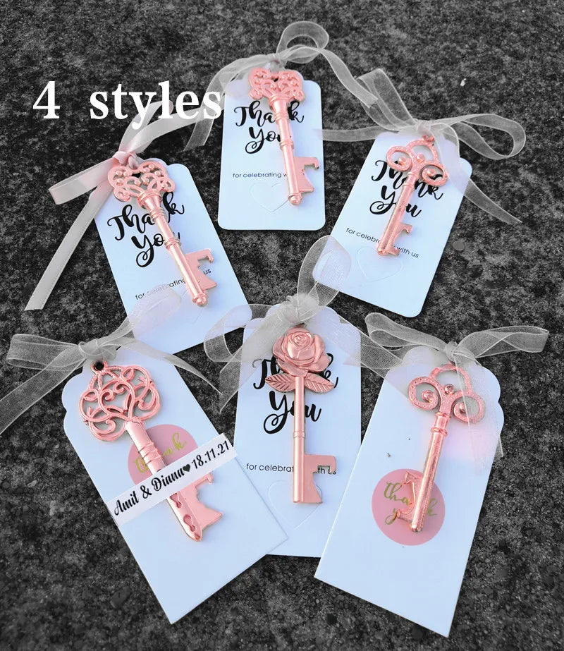 Wedding Gifts For Guests Souvenirs Party Gifts Copper Color Skeleton Key Beer Bottle Opener with Personalized Name Sticker Card