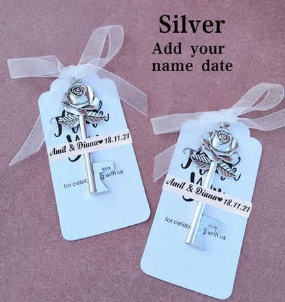 Wedding Gifts For Guests Souvenirs Party Gifts Copper Color Skeleton Key Beer Bottle Opener with Personalized Name Sticker Card