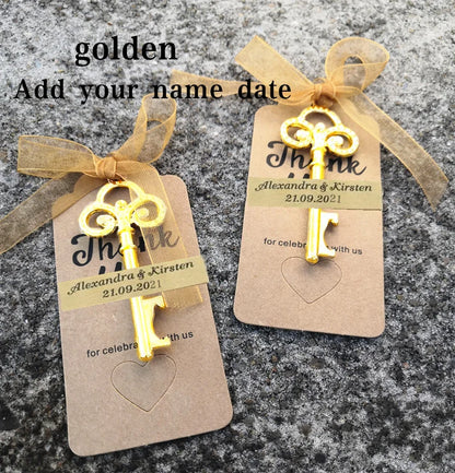 Wedding Gifts For Guests Souvenirs Party Gifts Copper Color Skeleton Key Beer Bottle Opener with Personalized Name Sticker Card