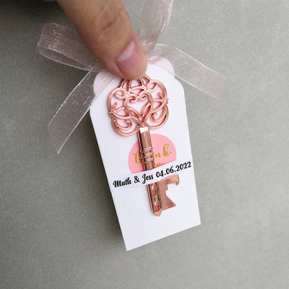 Wedding Gifts For Guests Souvenirs Party Gifts Copper Color Skeleton Key Beer Bottle Opener with Personalized Name Sticker Card