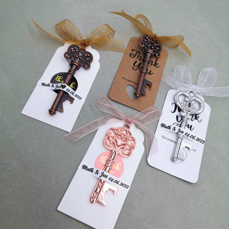 Wedding Gifts For Guests Souvenirs Party Gifts Copper Color Skeleton Key Beer Bottle Opener with Personalized Name Sticker Card