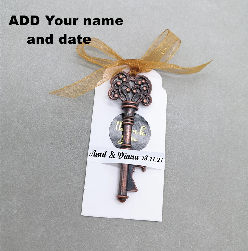 Wedding Gifts For Guests Souvenirs Party Gifts Copper Color Skeleton Key Beer Bottle Opener with Personalized Name Sticker Card