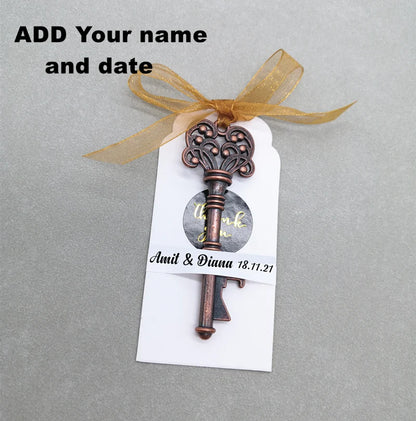 Wedding Gifts For Guests Souvenirs Party Gifts Copper Color Skeleton Key Beer Bottle Opener with Personalized Name Sticker Card