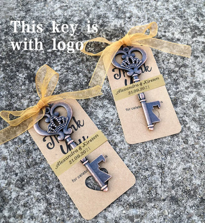 Wedding Gifts For Guests Souvenirs Party Gifts Copper Color Skeleton Key Beer Bottle Opener with Personalized Name Sticker Card