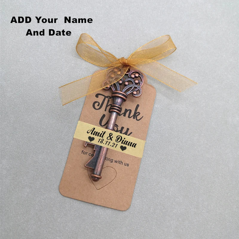 Wedding Gifts For Guests Souvenirs Party Gifts Copper Color Skeleton Key Beer Bottle Opener with Personalized Name Sticker Card