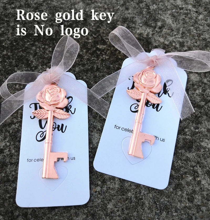 Wedding Gifts For Guests Souvenirs Party Gifts Copper Color Skeleton Key Beer Bottle Opener with Personalized Name Sticker Card