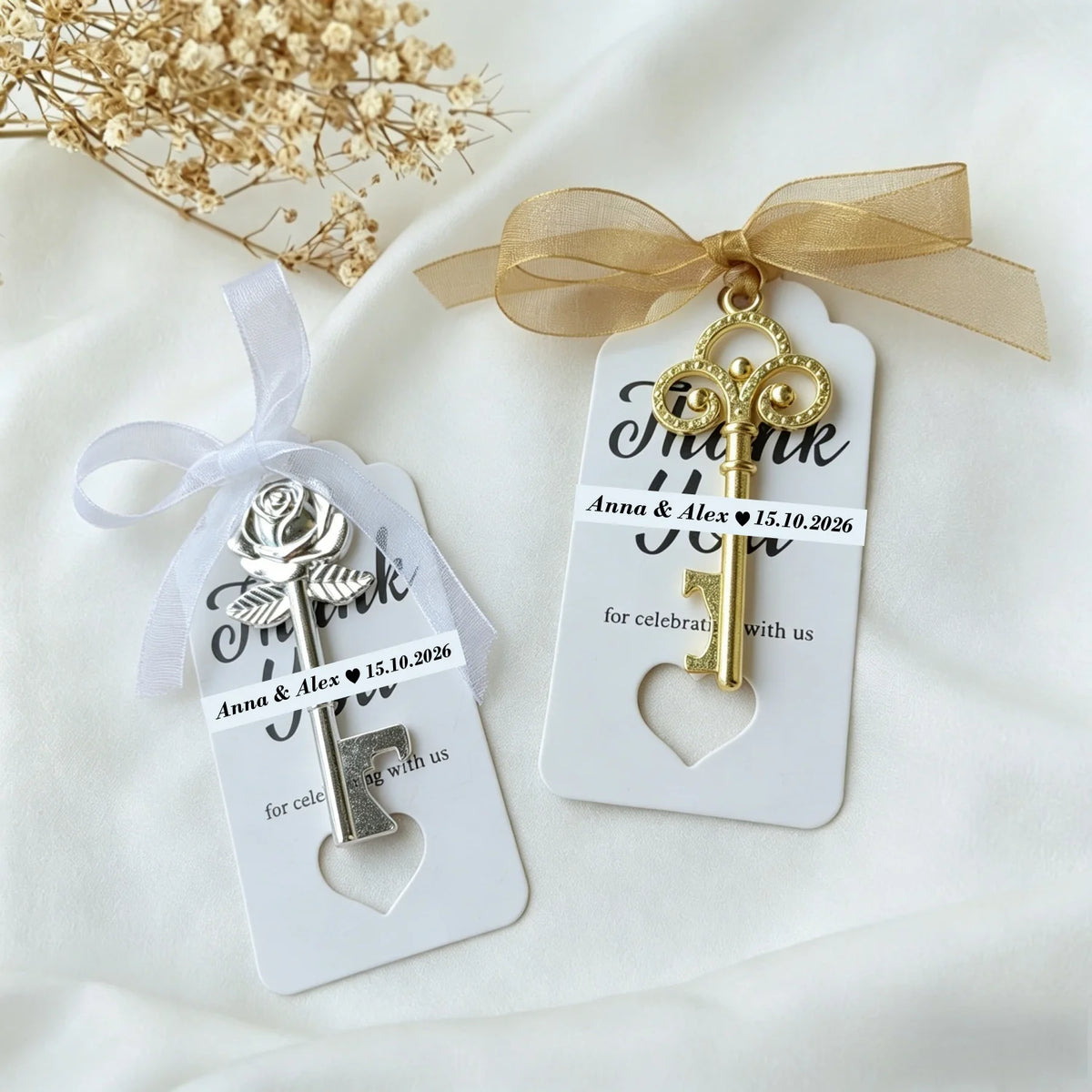 Wedding Gifts For Guests Souvenirs Party Gifts Copper Color Skeleton Key Beer Bottle Opener with Personalized Name Sticker Card