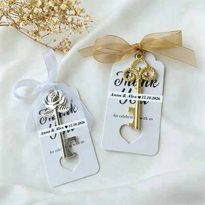 Wedding Gifts For Guests Souvenirs Party Gifts Copper Color Skeleton Key Beer Bottle Opener with Personalized Name Sticker Card