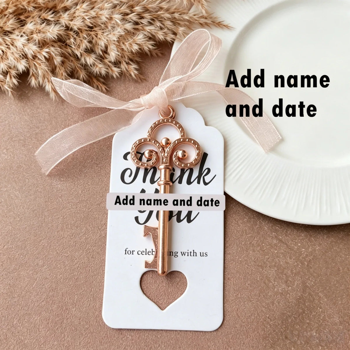 Wedding Gifts For Guests Souvenirs Party Gifts Copper Color Skeleton Key Beer Bottle Opener with Personalized Name Sticker Card