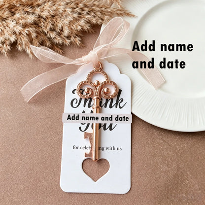 Wedding Gifts For Guests Souvenirs Party Gifts Copper Color Skeleton Key Beer Bottle Opener with Personalized Name Sticker Card