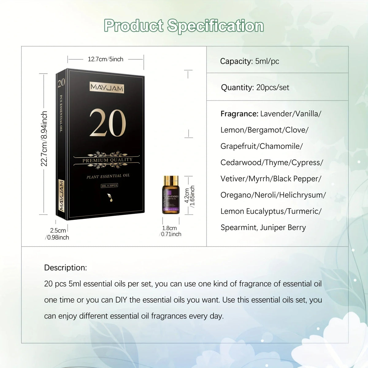 MAYJAM 20PCS Essential Oils Gift Set Aromatherapy Essential Oils Oregano Neroli Helichrysum Spearmint Lemon Eucalyptus Turmeric