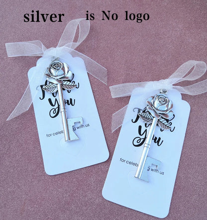 Wedding Gifts For Guests Souvenirs Party Gifts Copper Color Skeleton Key Beer Bottle Opener with Personalized Name Sticker Card