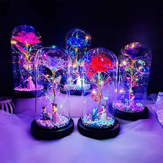 Birthday Gift for Girlfriend Colorful Rose Eternal Flower Luminous Decoration Proposal Prop Valentine's Day Gift for Wife