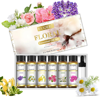 EUQEE 10ml*6pcs Essential Oil Set (Lavender Jasmine Rose Ylang Ylang Chamomile Geranium )-Pure Natural Aromatherapy Oils