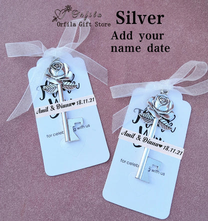 Wedding Gifts For Guests Souvenirs Party Gifts Copper Color Skeleton Key Beer Bottle Opener with Personalized Name Sticker Card