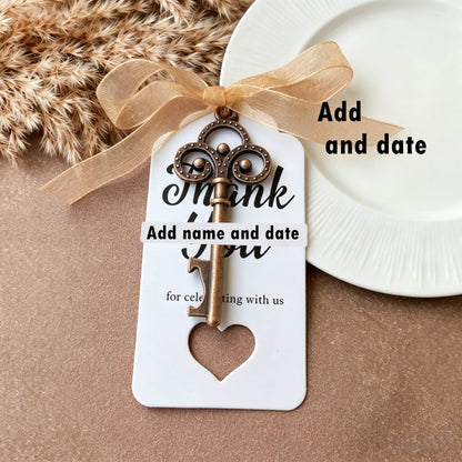 Wedding Gifts For Guests Souvenirs Party Gifts Copper Color Skeleton Key Beer Bottle Opener with Personalized Name Sticker Card