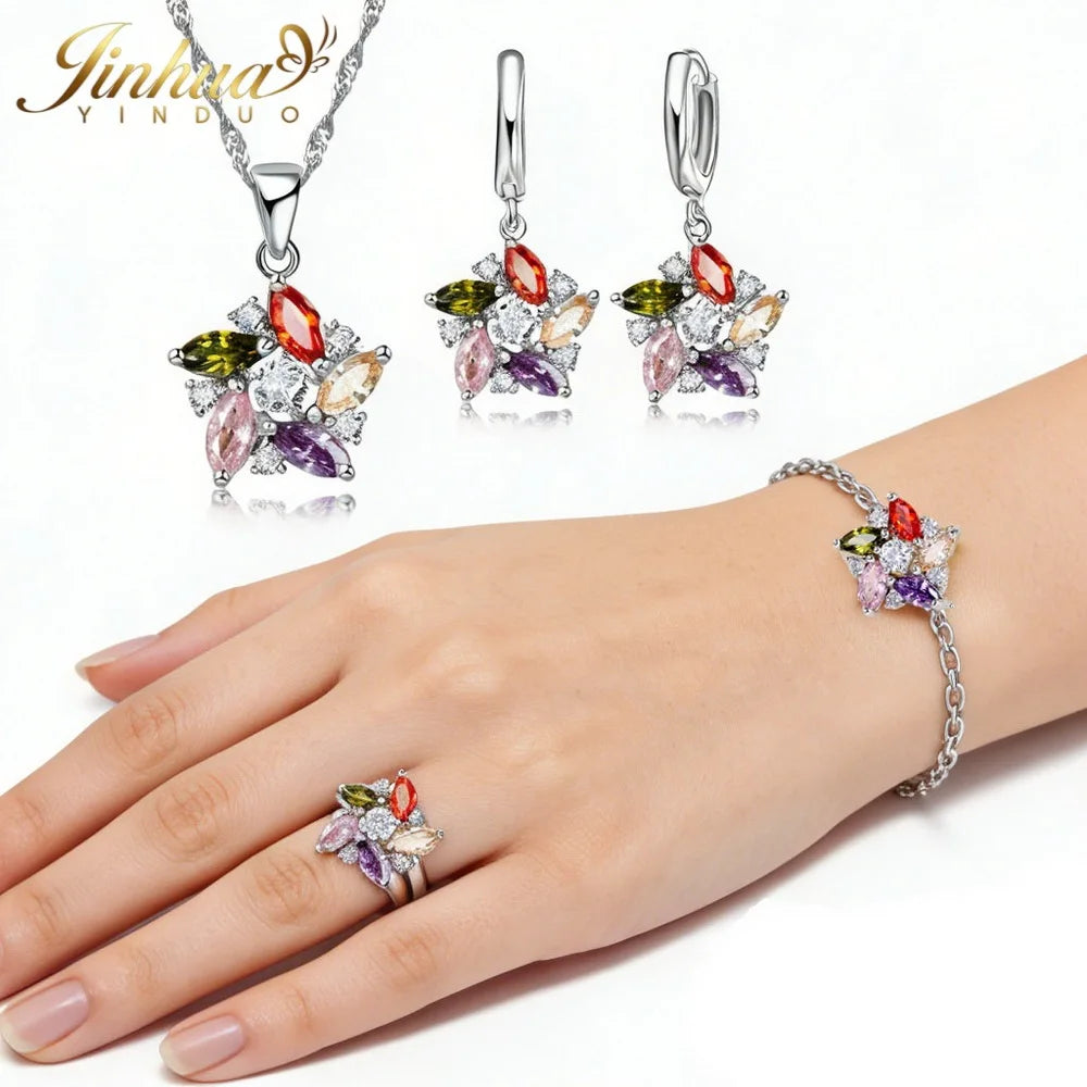 26 Wellness Jewelry Set 925 Sterling Silver Windmill Colorful Good Lucky CZ Necklace Earrings Bracelet Ring+Gift Box For Women
