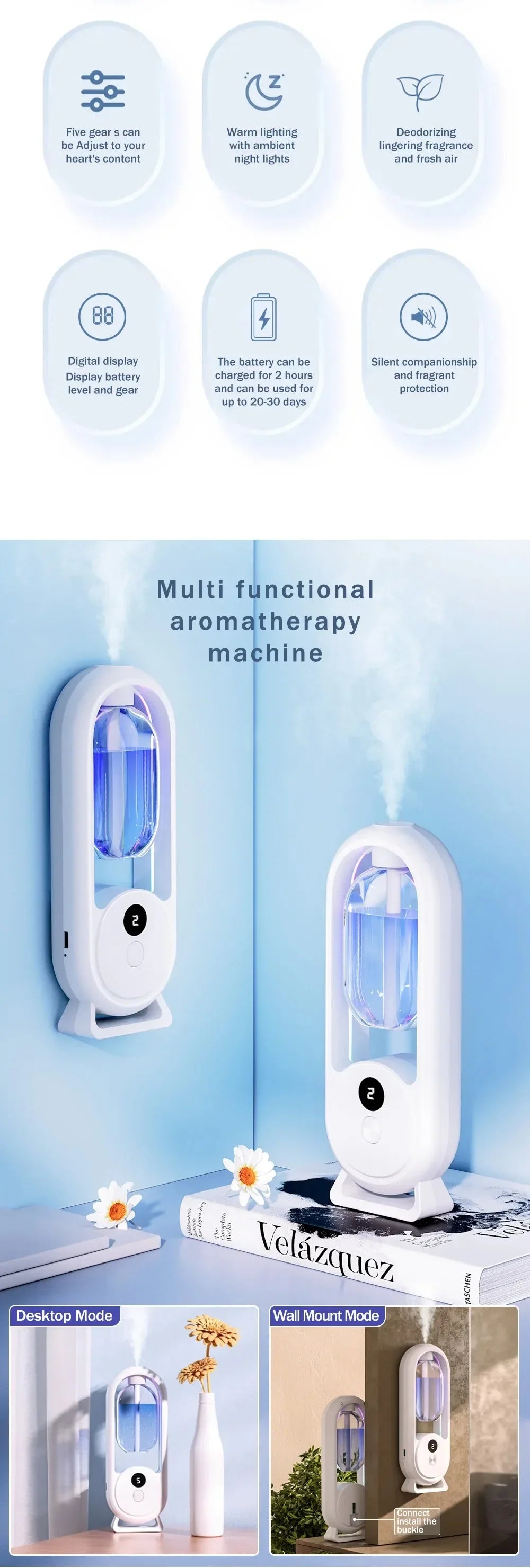 Aromatherapy Essential Oil Machine, Aroma Diffuser, Timed Rechargeable, 5-Mode, Living Room, Bathroom, Air Freshman