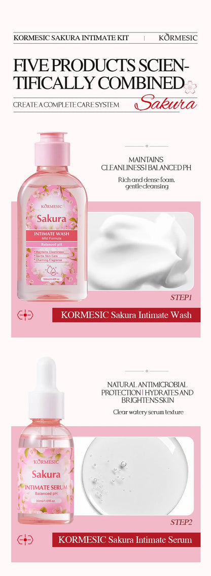 Sakura Women's Intimate Care 5-Piece Set, Product Includes: Private Area Cleansing Liquid, Essence, Gel, Lotion, Spray, Gentle Cleansing, Balances the Environment, Long-Lasting Freshness, and a More Firm and Smooth Light Beig