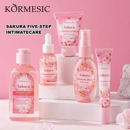 Sakura Women's Intimate Care 5-Piece Set, Product Includes: Private Area Cleansing Liquid, Essence, Gel, Lotion, Spray, Gentle Cleansing, Balances the Environment, Long-Lasting Freshness, and a More Firm and Smooth Light Beig