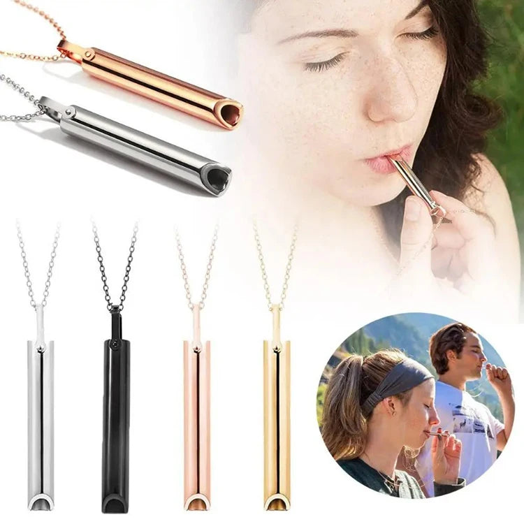 Breathing Whistle Necklace Portable Mindfulness Breath Training Pendant Metal Stress Relief Neck Jewelry for Daily Relax Use