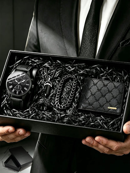 Men's gift box set, including a watch, accessories and a wallet. Suitable as a holiday gift or for daily use and versatile