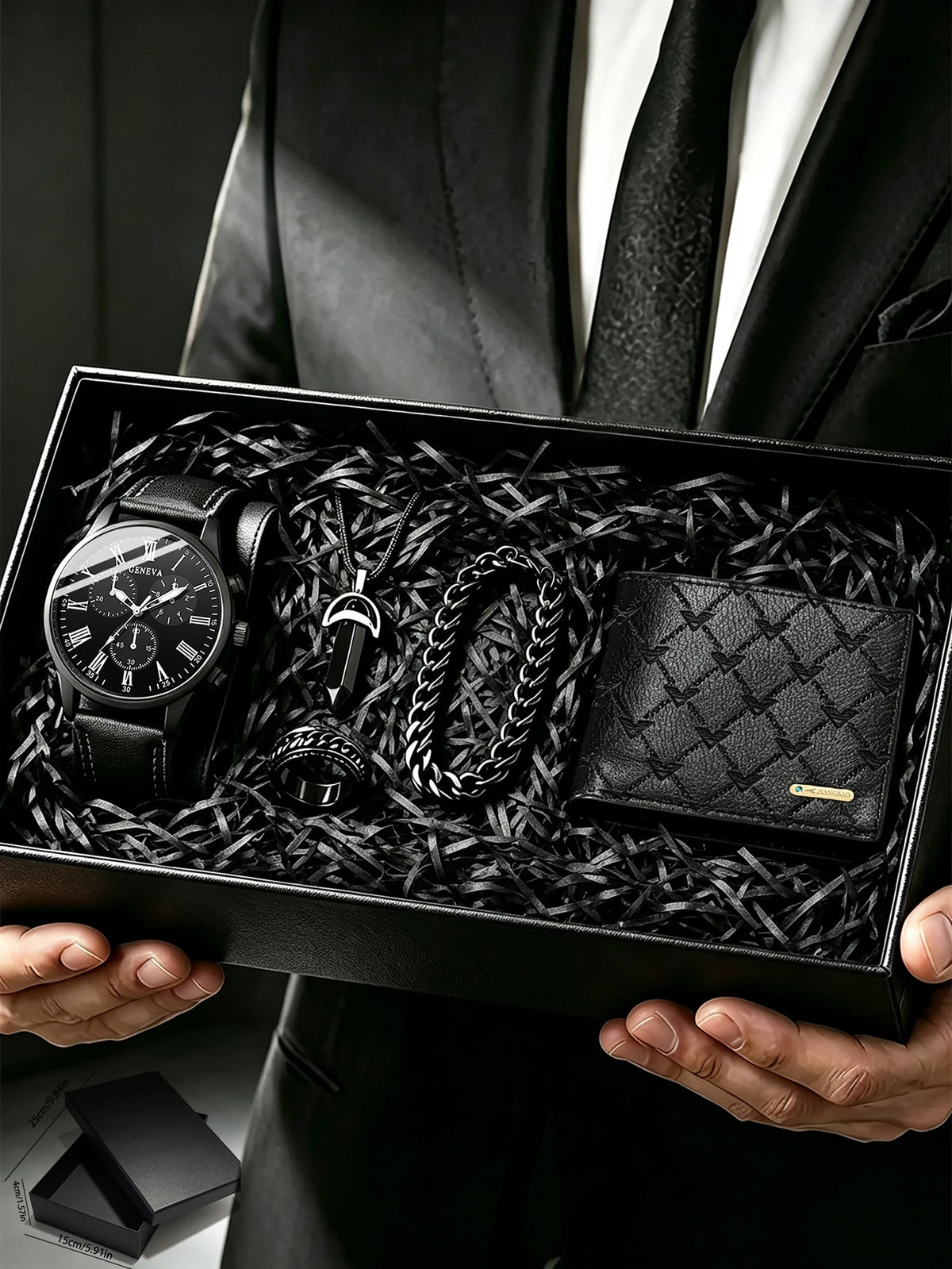 Men's gift box set, including a watch, accessories and a wallet. Suitable as a holiday gift or for daily use and versatile