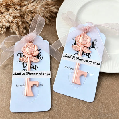 Wedding Gifts For Guests Souvenirs Party Gifts Copper Color Skeleton Key Beer Bottle Opener with Personalized Name Sticker Card