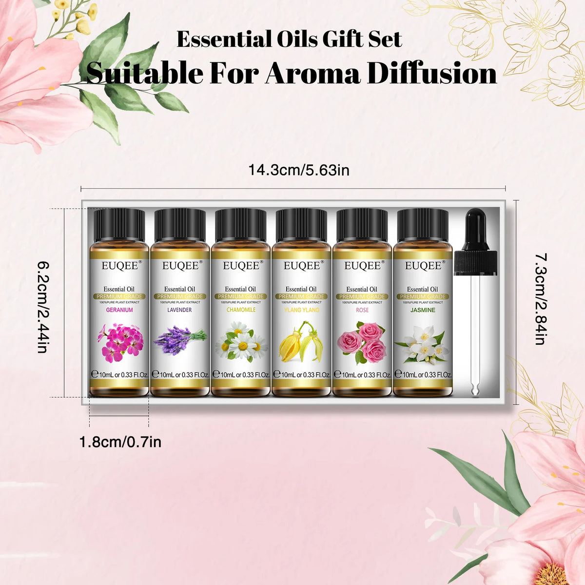 EUQEE 10ml*6pcs Essential Oil Set (Lavender Jasmine Rose Ylang Ylang Chamomile Geranium )-Pure Natural Aromatherapy Oils