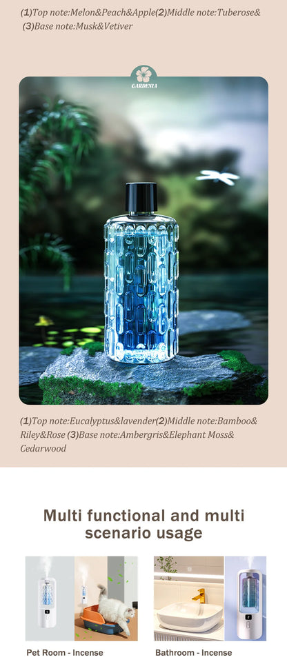 Automatic aromatherapy diffuser for eliminating odors, suitable for household use, with essential oil for air freshening.