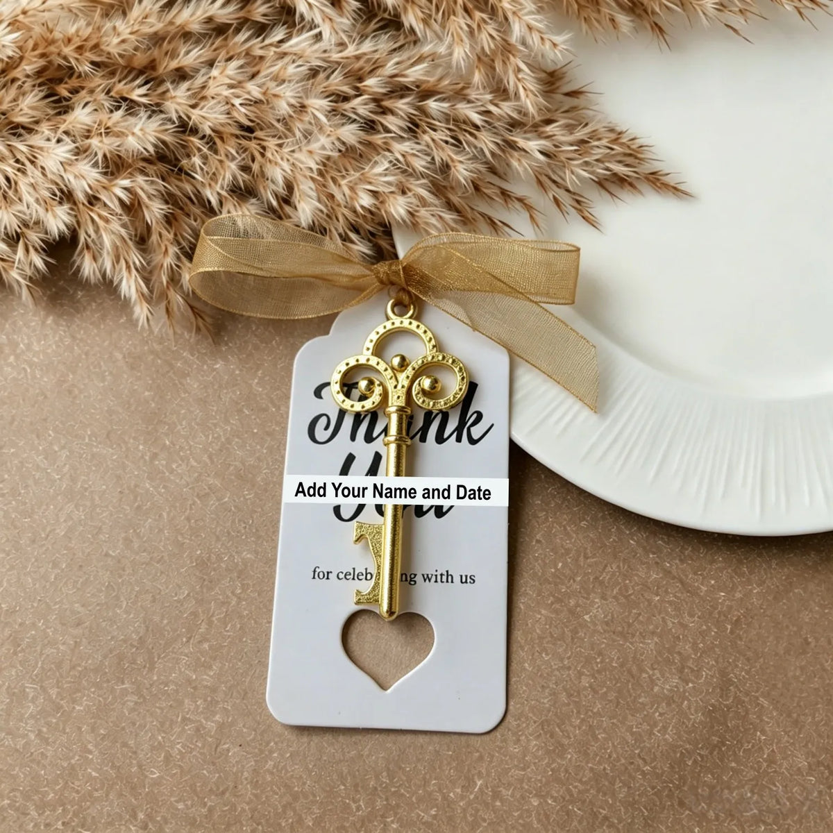 Wedding Gifts For Guests Souvenirs Party Gifts Copper Color Skeleton Key Beer Bottle Opener with Personalized Name Sticker Card