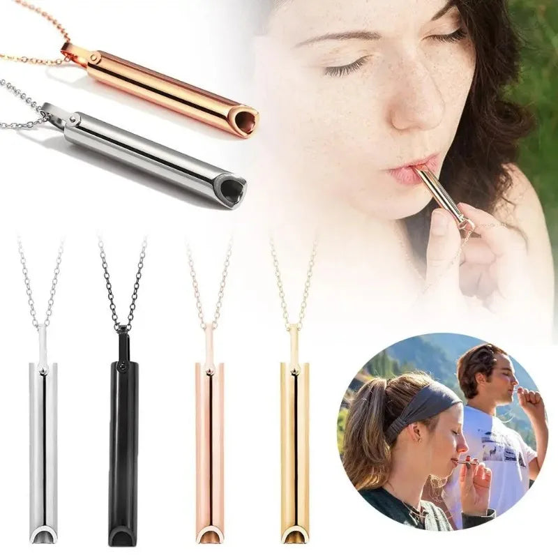 Breathing Whistle Necklace Portable Mindfulness Breath Training Pendant Metal Stress Relief Neck Jewelry for Daily Relax Use