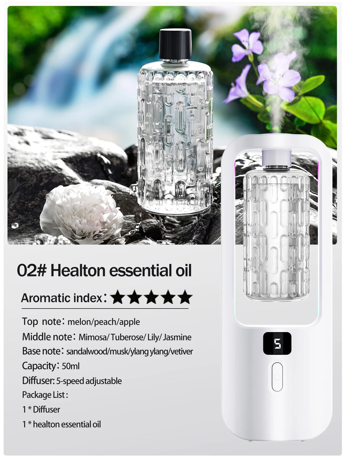 Automatic aromatherapy diffuser for eliminating odors, suitable for household use, with essential oil for air freshening.