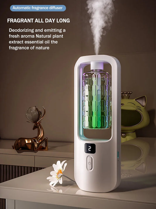 Automatic aromatherapy diffuser for eliminating odors, suitable for household use, with essential oil for air freshening.